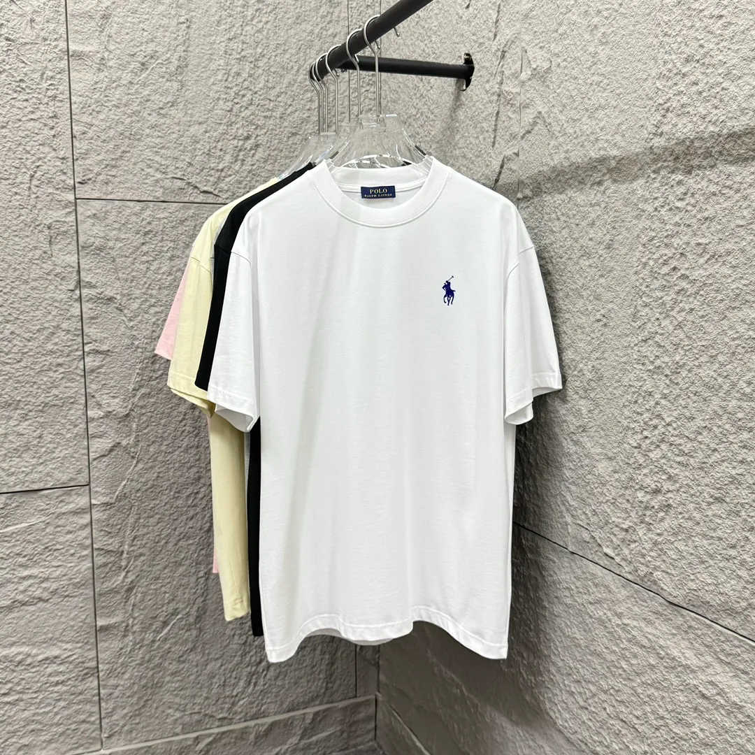 🅿️180 Polo Ralph Lauren 2025 spring and summer new style Classic pony embroidery Customized double yarn plain cotton fabric Short-sleeved T-shirt Uniform for men and women Size: S (90-130 pounds) M (120-150 pounds) L (140-165 pounds) XL (160-180 pounds) XXL (180-210 pounds) Color: Black white